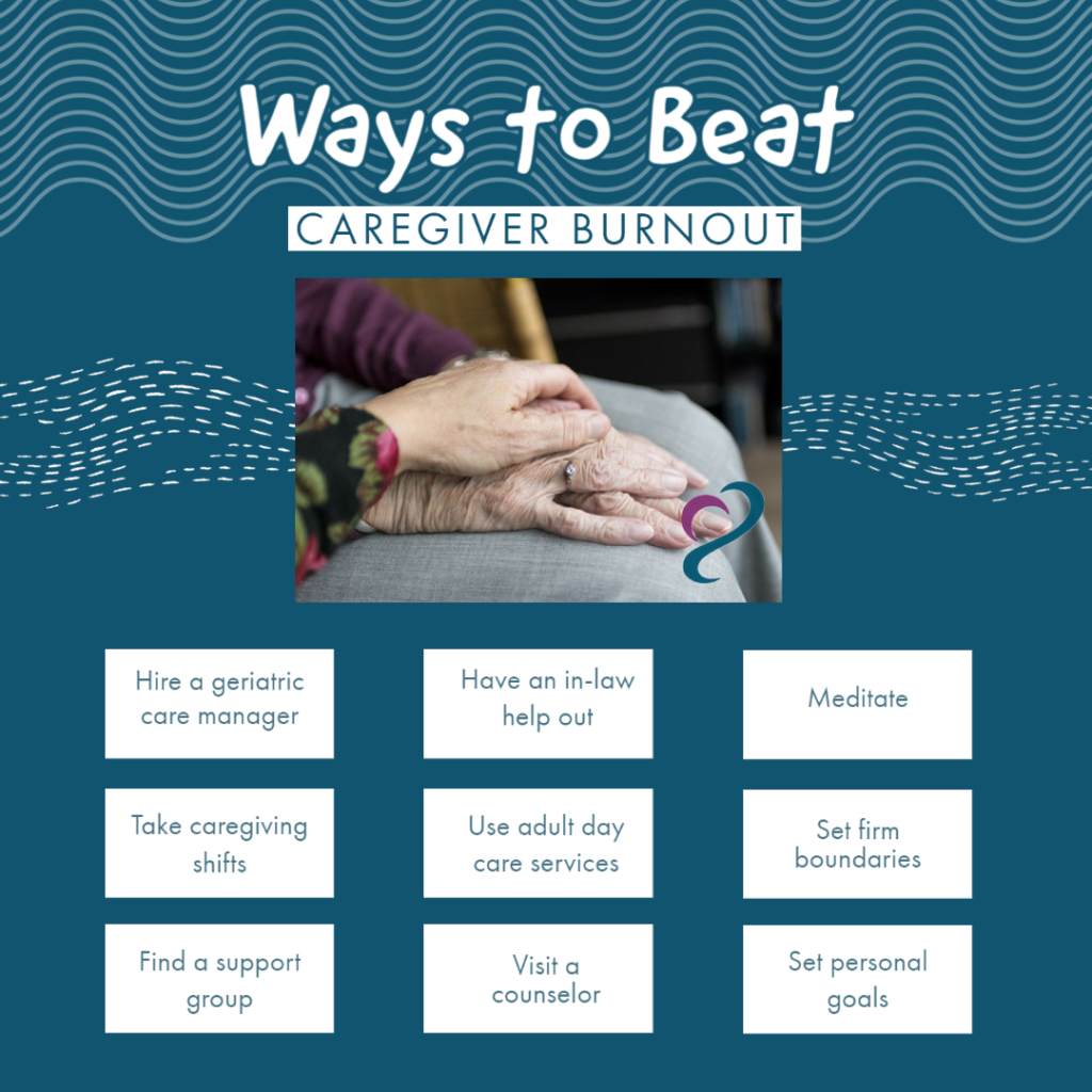Blue graphic detailing ways to beat caregiving burnout