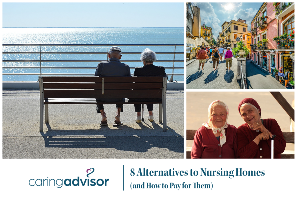 Header image for article about alternatives to nursing homes and how to pay for them. Shows a collage of elderly people