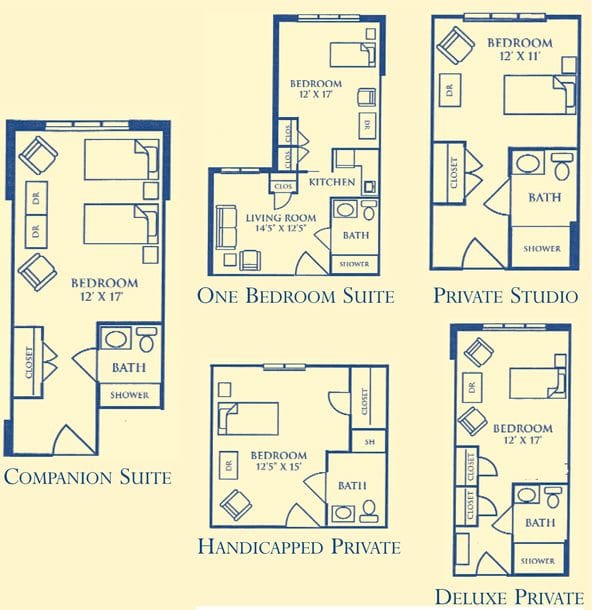 Assisted living room layouts for dementia patients.