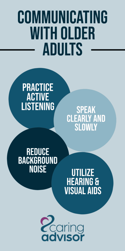 Blue graphic listing ways to communicate with older adults (practice active listening, speak clearly and slowly, reduce background noise, and utilize hearing & visual aids)