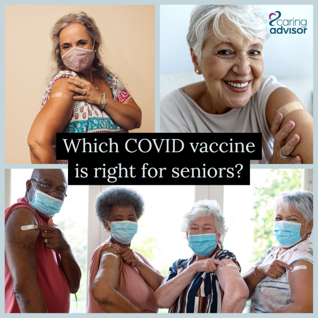 Collage of senior citizens happy to receive COVID-19 vaccinations. Text center says "Which COVID vaccine is right for seniors?"